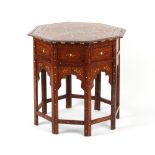 Property of a deceased estate - an Indian bone inlaid hardwood octagonal table with folding base,
