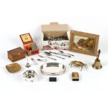 Property of a deceased estate - a box containing assorted items including a small oil painting