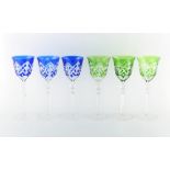 Property of a gentleman - a set of six tall Bohemian cut glass hock glasses, with blue & green