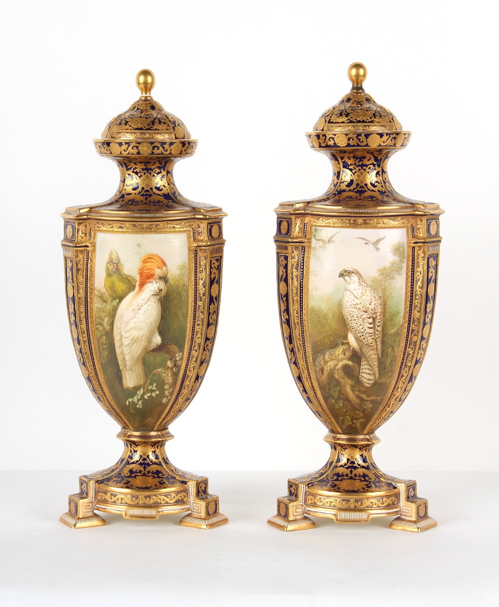 Property of a gentleman - a large pair of mid 19th century Coalport ornithological vases & covers,