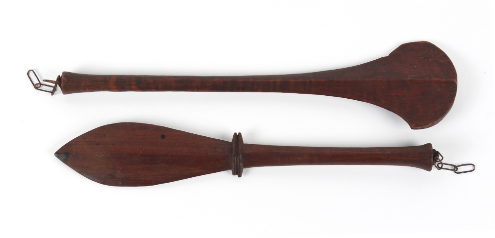 Property of a lady - ethnographia - two tribal carved wood war clubs, one of fan form, probably - Image 2 of 2