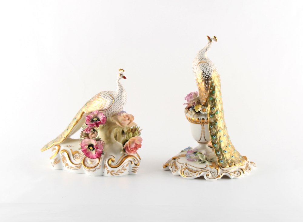 Property of a deceased estate - a pair of Royal Crown Derby porcelain models of peacocks, one signed