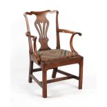 Property of a gentleman - an 18th century George III fruitwood elbow chair, with needlework drop-