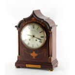 Property of a lady - an Edwardian mahogany & marquetry inlaid mantel clock, the 8-day two-train