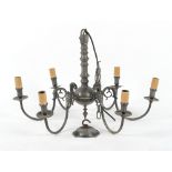 Property of a lady - an Albert Bartram pewter six branch chandelier or electrolier, with cherub mask