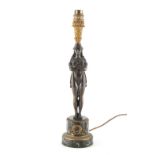 Property of a lady - a French patinated bronze & verde antico marble table lamp, 15.5ins. (39.4cms.)