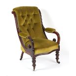 Property of a lady - a Victorian mahogany & later green draylon button upholstered armchair with