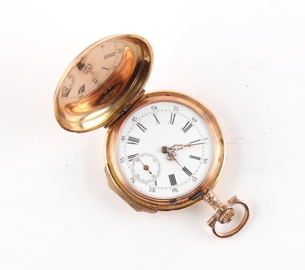 The Henry & Tricia Byrom Collection - a Swiss 14ct gold hunter cased small pocket watch or fob