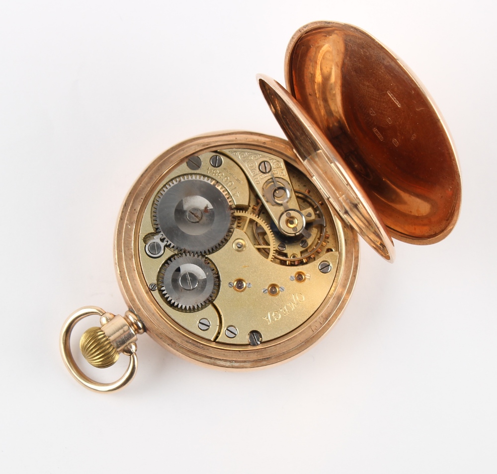 The Henry & Tricia Byrom Collection - an Omega 9ct gold half hunter cased pocket watch, with blue - Image 3 of 3