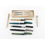 Property of a gentleman - a quantity of pens, etc., including a Sheaffer gold plated fountain pen