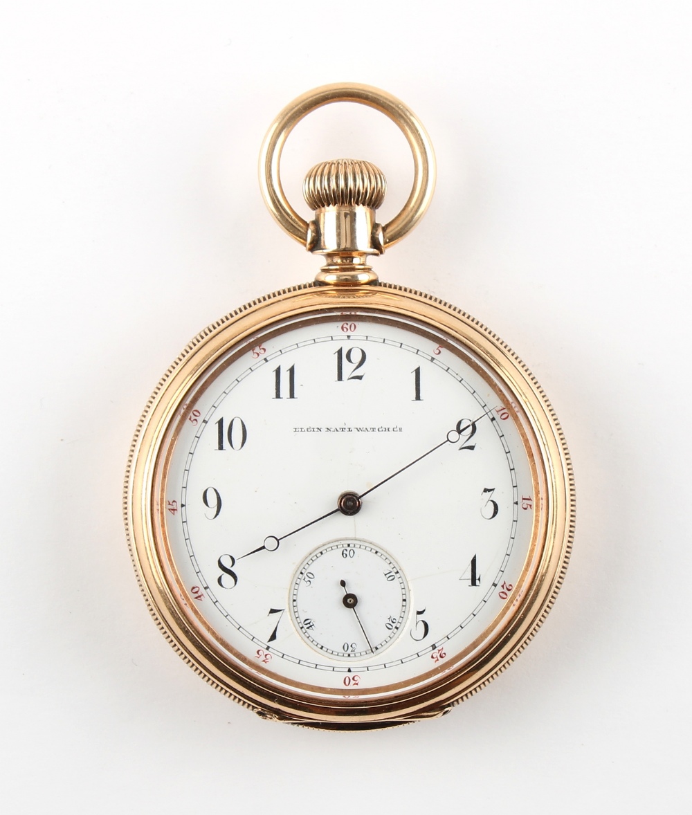The Henry & Tricia Byrom Collection - a 14ct gold open faced keyless wind pocket watch, the enamel