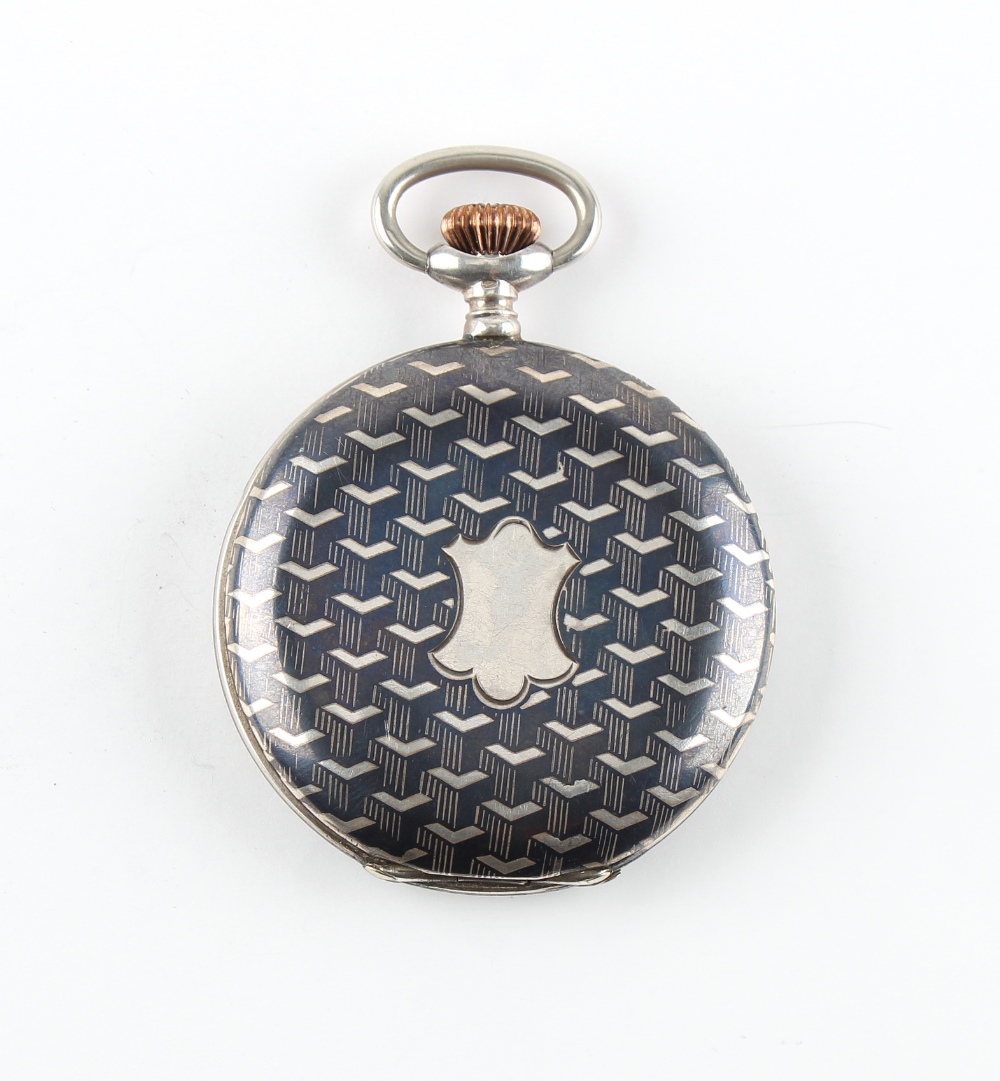 The Henry & Tricia Byrom Collection - a Swiss silver & niello hunter cased pocket watch, the dust