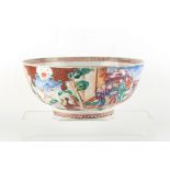 Property of a gentleman - an 18th century Chinese famille rose mandarin pattern punch bowl, riveted,