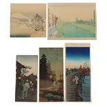 Japanese woodblock prints - a group of five unframed woodblock prints, all early 20th century,