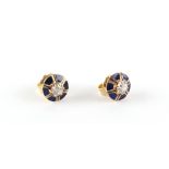 A pair of unmarked yellow gold diamond & blue enamel flowerhead stud earrings, with post & butterfly