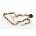 A 9ct gold fancy link albert watch chain, with 9ct gold carnelian & bloodstone fob, approximately