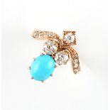 An unusual 14ct yellow gold turquoise & diamond ring, the two larger round brilliant cut diamonds