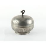 Property of a lady - a Chinese pewter bun shaped box & cover, with knot finial, maker's stamp to