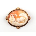 A large & finely carved 19th century oval shell cameo brooch depicting Venus in a horse drawn
