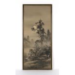 An early 20th century Japanese painting on silk depicting a fox in a landscape, signed & with red