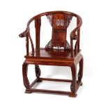 Property of a gentleman - a Chinese carved huanghuali yoke back armchair or throne chair, 20th