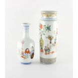 Two Chinese famille rose vases, one painted with flowers in vases & a table with a basket of