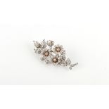 A good 19th century white gold diamond ruby & pearl floral spray brooch, the three flowerheads set