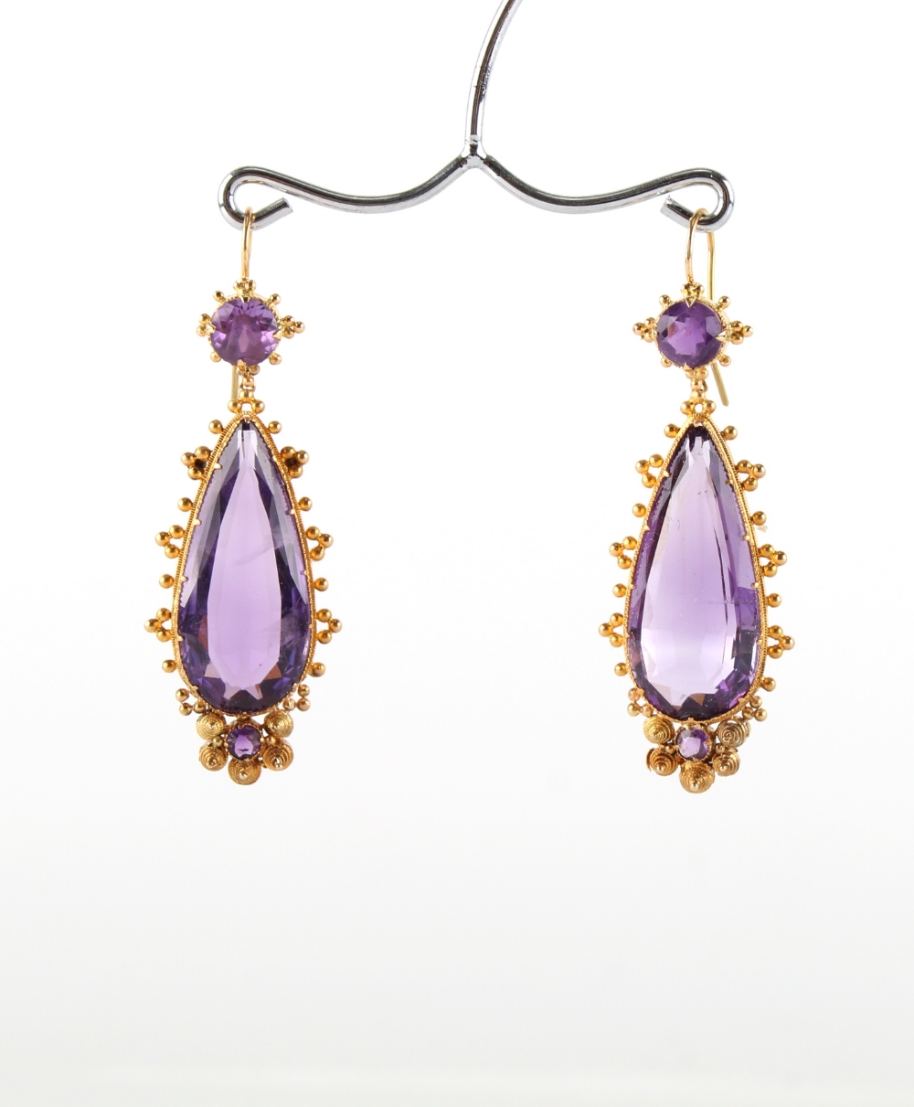 A good pair of Georgian cannetille & amethyst pendant earrings, each with a large pear shaped cut - Image 2 of 3