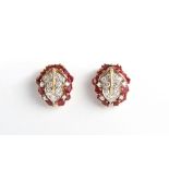 A pair of 18ct yellow gold ruby & diamond cluster earrings, each with nine round brilliant cut