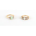 A late 19th / early 20th century high carat yellow gold opal & diamond five stone ring, size M/N,