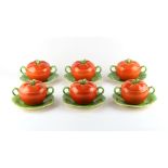 Property of a lady - a set of six Clarice Cliff tomato soup bowls with covers and stands, the stands