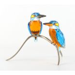 Property of a lady - Swarovski - Kingfishers, a pair of crystal glass models on metal perch, in