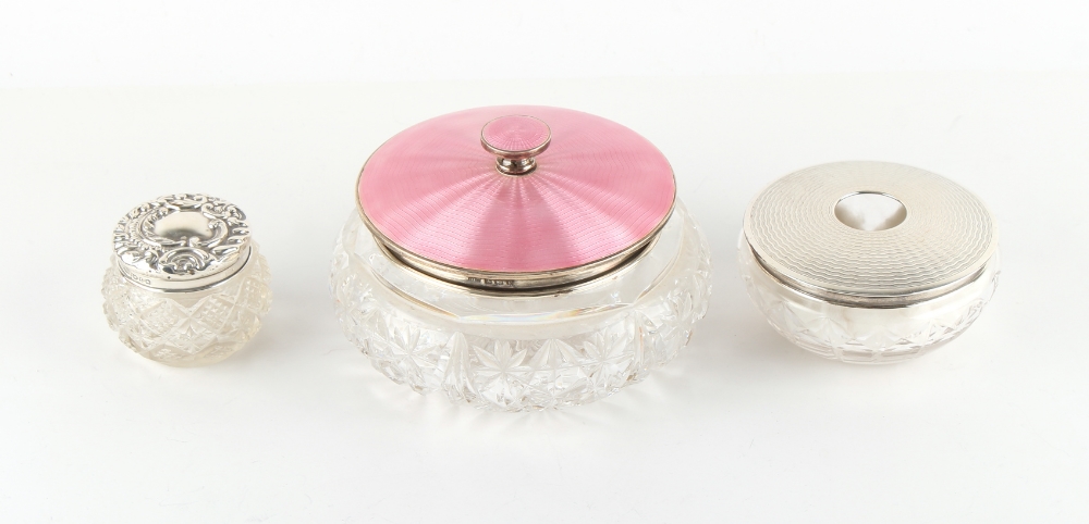 Property of a gentleman - a silver & pink guilloche enamel lidded cut glass powder bowl,