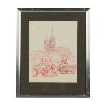 Property of a gentleman - Ken Howard OBE RA (b.1932) - 'OMAGH '73' - red ink drawing, 11 by 8.65ins.