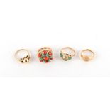A 9ct gold signet ring; together with a 9ct gold dress ring set with coral & turquoise; another