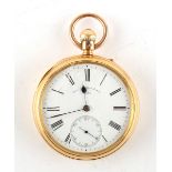 Property of a gentleman - a Victorian 18ct gold open faced pocket watch, keyless wind, the enamel