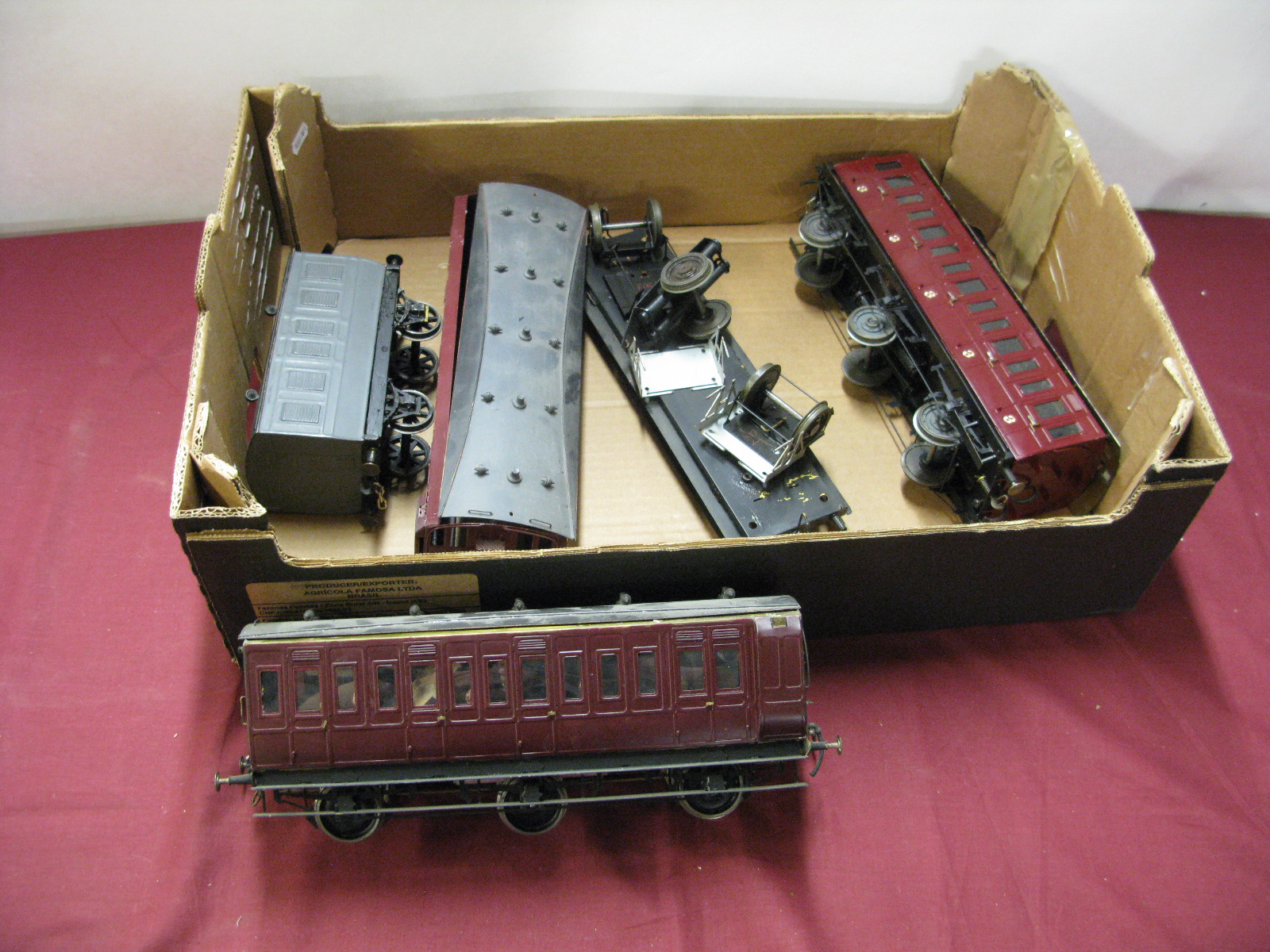 Three Scratch Built Gauge I Six Wheel Coaches, all brass kit based, one in pieces, plus a four wheel