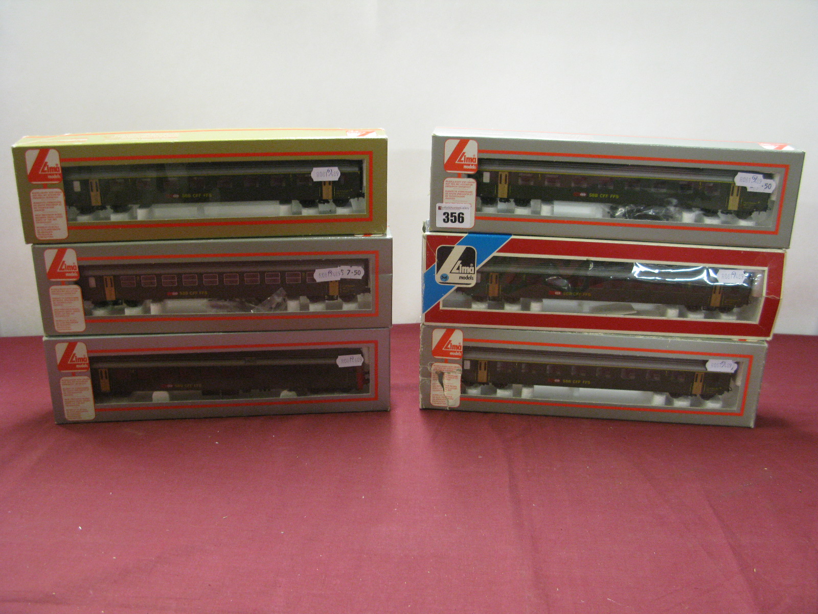 Six Lima "HO" Gauge Swiss SBB FFS Liveried Eight Wheel Coaches, boxed.