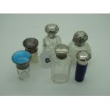 Assorted Hallmarked Silver Topped Glass Bottles, (various makers/dates), including turquoise enamel,