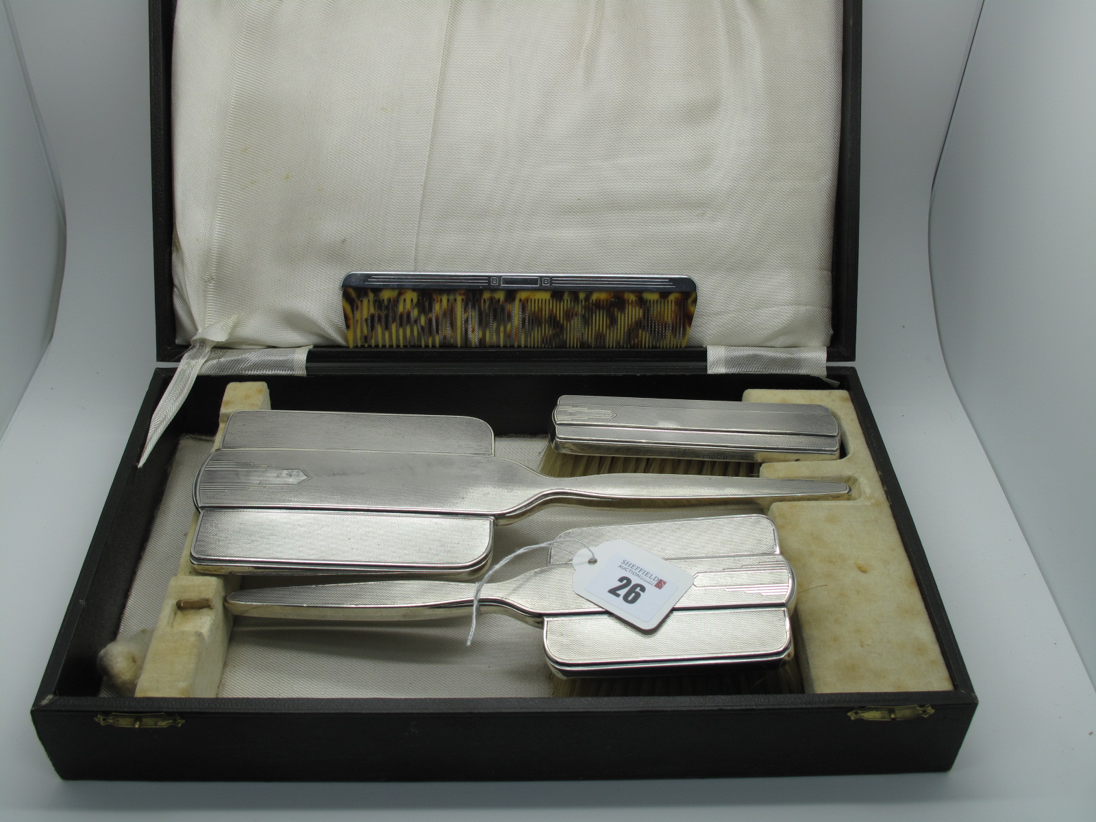 A Matched Hallmarked Silver Three Piece Dressing Table Set, Walker & Hall, Sheffield 1939, Chester