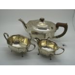 A Hallmarked Silver Three Piece Tea Set, EV, Sheffield 1939, each of plain elongated octagonal form,