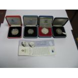 Four Silver Proof Commemorative Coins, Medallions, including United Kingdom five pounds 1997,