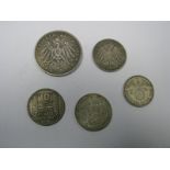 A Collection of Five Coins, to include Deutsches Reich Funf Mark 1902, Reichs Mark 1938, Zwei Mark