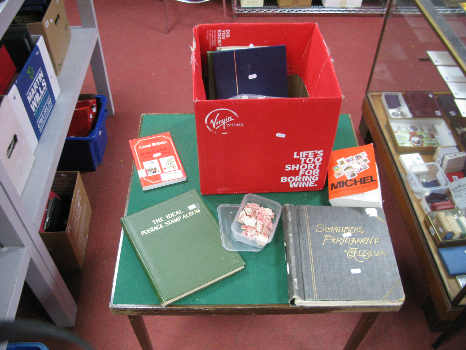 A Large Box For Sorting, includes ideal postage stamp albums (no stamps) in good condition, a