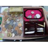 Coinage, manicure implements, Sheffield P.O.W Jap Assocn badge, etc:- One Tray