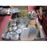 Stainless Steel Table Ware, plated trays, hip flasks, brass magazine rack, scales, etc:- Two Boxes