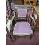 Edwardian Inlaid Mahogany Bedroom Armchair, with turned supports, splayed feet, upholstered in a