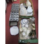 Tea and Dinner Ware, ornaments, cut glass decanter and vases, Fauna ware, bun and loaf tins:- Two