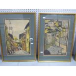 V. Petter, 'Aus Mosyar' and 'Enge Gasse', pair of Coloured Wood Block Prints, 39.5 x 29.5cm,