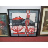 (Cesar) Manrique Scarf, featuring volcano, in black frame 93cm square